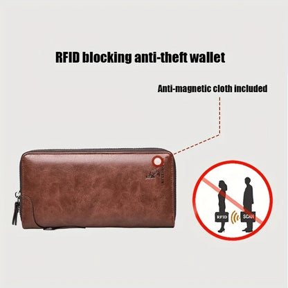 メンズ ロングジッパーウォレット 高品質PUレザーウォレット RFIDブロッキング ビジネスクラッチバッグ クレジットカードホルダー 財布 メンズ