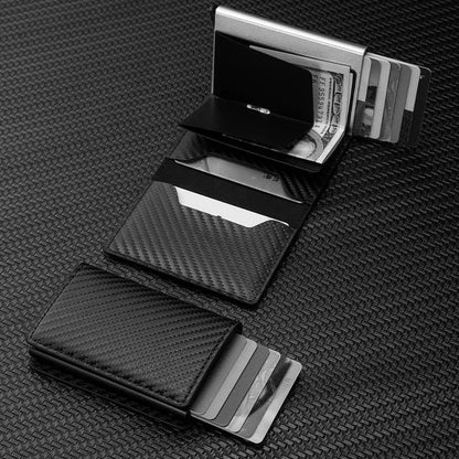 カーボンファイバークレジットカードホルダーウォレットメンズRFIDスマートメラル薄型スリムポップアップミニマリストウォレット小さな黒の財布メタルウォレット